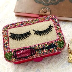 Boho eyelash beadwork & cloth keepsake jewelry box, pink cream